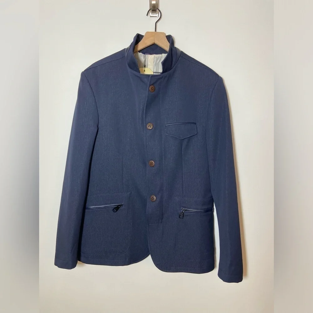 RNT23 Blazer Jacket Mens Size 46 Denim Leather Trim Full Zip Sport Coat NWT $259